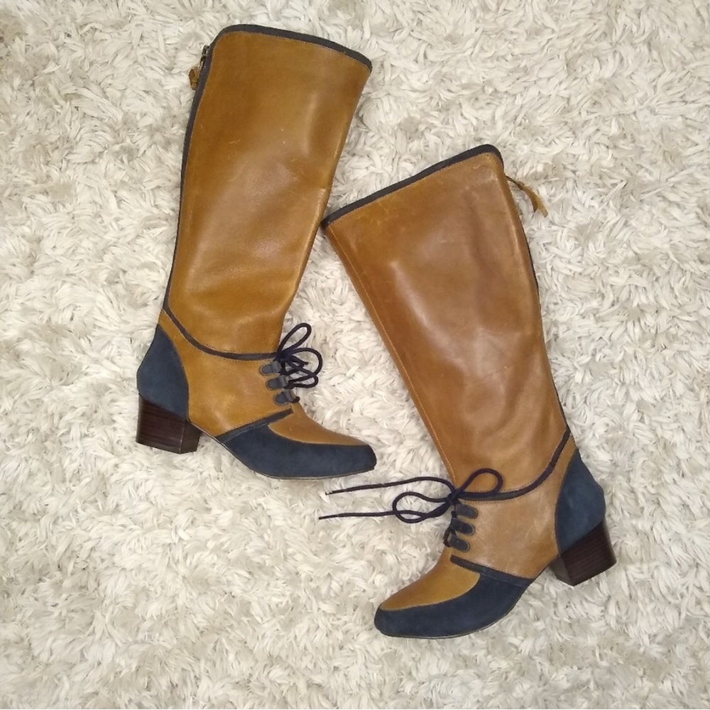 Anthro Schuler & Sons navy blue & brown leather block heel oxford boots
